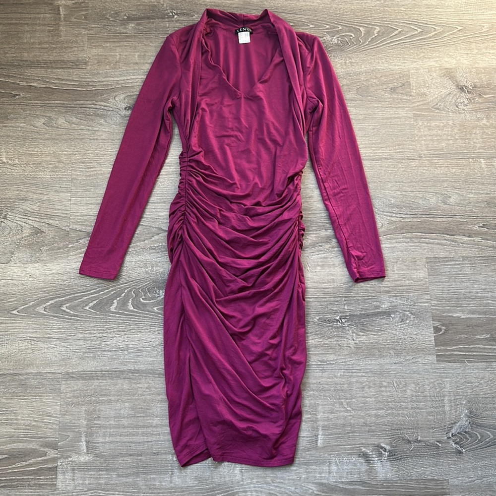 VENUS Raspberry Rouched Bodycon Long Sleeve Dress with Faux Shrug NEW